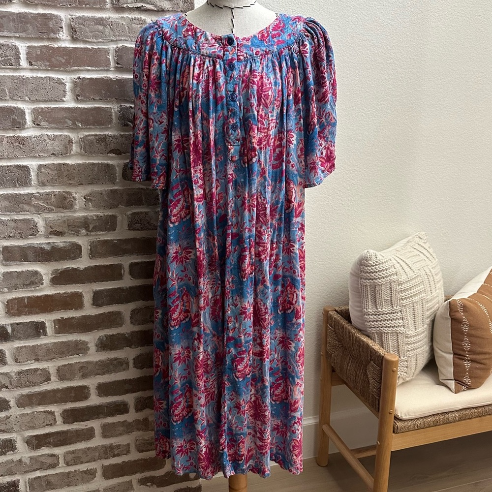 Floral Blue and Pink Women's Dress Patio House Dress Lounge Dress
